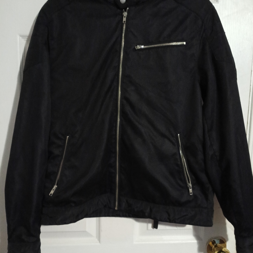Guess Men's Black Windbreaker Jacket with Silver Zippers